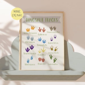 Habitación para niños, Regalo para amantes de los dinosaurios, Huellas de dinosaurios, Pistas de dinosaurios, Cartel del aula, Montessori, Educativo, Nombres de dinosaurios, Impresión de la habitación para niños