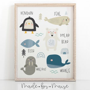 Arctic animals nursery print, animal prints for nursery, whale print, kids prints , educational prints