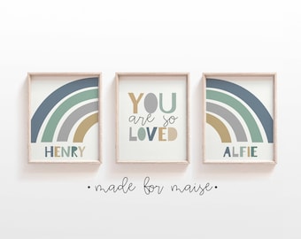 You Are So Loved Print, Rainbow, Set of 3 Prints, Boys Personalised Nursery Prints, Rainbow Prints, Bedroom, Playroom Wall Art, Brothers