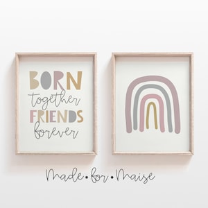 Zusammen geboren, Freunde für immer, Baby Mädchen Schlafzimmer Dekor, Twin Kinderzimmer Druck Pack, Spielzimmer, Kinderzimmer, Rosa Mädchen Wandkunst, Regenbogen