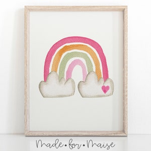Signo de arco iris de acuarela para una guardería, impresiones de arte de pared para sala de juegos de niñas, niñas, impresión de arco iris minimalista, cartel rosa, impresiones de arte de pared