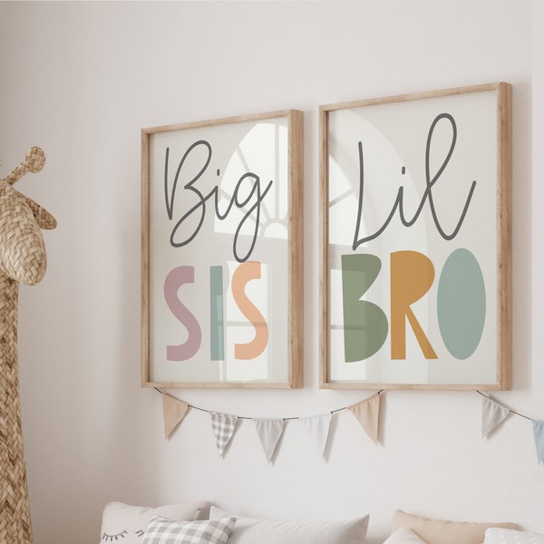 Print set of two, Big Sister Little Brother Decor, Big Sis, Lil Sis, Sibling Decor, Shared Bedroom, Kids Wall Art, Boy Girl Room, Pastel
