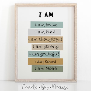 personalised I am brave, i am kind, i am loved, positive quote print, Kids Wall Art, Nursery Decor, Kids Affirmation Art, boys bedroom Art