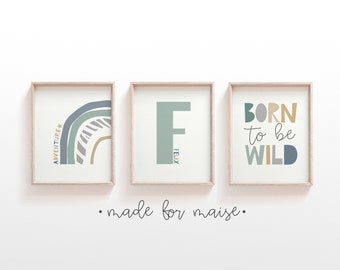 Born to be wild nursery print in blue and green, boys rainbow print, adventure wall art, kids poster, boys bedroom set of 3 personalised