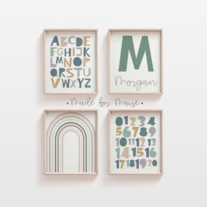 Jungen grün personalisierte Druck Set von 4 Regenbogen, Alphabet, Zahlen, Name, pädagogische, Kleinkind, Spielzimmer Dekor, Spielzimmer Drucke, Galerie Kunst