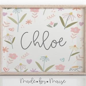 personalised name print, landscape, flower wall art, floral nursery decor, girls bedroom, flowers, floral