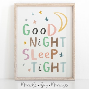 Good Night Sleep Tight Print, Kids Pastel Decor, Home Decor Poster, Children&#39;s Wall Art, Nursery Wall Art, Bedroom Poster, Bedroom Print