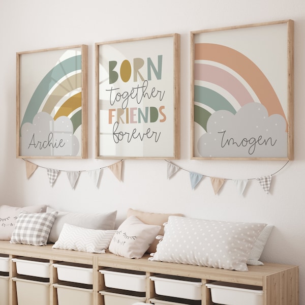 Personalisierte Zwillinge Kinderzimmer Regenbogen Drucke, Spielzimmer 3er Set, zusammen geboren, Freunde für immer, Geschwister Dekor, neue Zwilling Baby Geschenk, geteiltes Zimmer