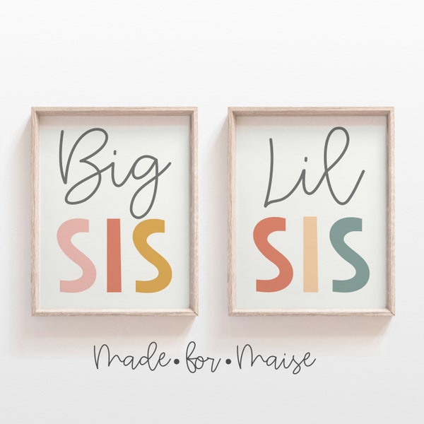 Set of 2 , Big Sis Lil Sis Print, Girls Rainbow Wall Art, On Trend Rainbow Prints, Big Sister, Little Sister Poster Set, Kids, Colourful Art