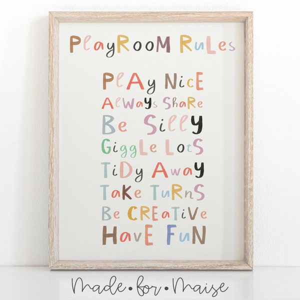 Cute and On Trend Playroom Rules Print, Playroom Prints, Kids Nursery Print, Colourful Playroom, Girls Bedroom Decor, Boys Bedroom Decor