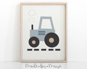 Minimalist boys tractor print, grey tractor, blue tractor, nursery wall art, kids print, boys bedroom, transport print, digger, truck, train