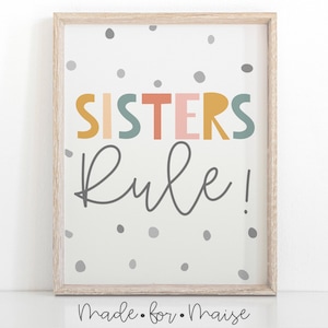 Sisters Rule Nursery Print, Typographic Kids Decor, Sisters Wall Art, Sibling Decor, Sibling Poster, Print, Sisters Bedroom, Twin Room, Gift