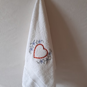 Floral heart terry towel - gift idea - wedding anniversary - embroidered bath linen