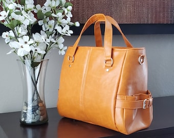 Catherine Satchel Handbag Purse in Faux Fabulous Leather, Digital PDF Sewing Pattern, Vegan, Tote, Zipper Pocket, Top Zipper, Designer