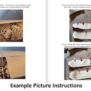 May include: Instructions for sewing a handle with a snake print fabric. The image shows the steps for folding the seam allowance, placing the seams in the middle of the handles, and sewing one long side of each handle along the 0.5 inch seam allowance.