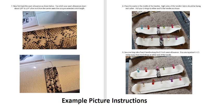 May include: Instructions for sewing a handle with a snake print fabric. The image shows the steps for folding the seam allowance, placing the seams in the middle of the handles, and sewing one long side of each handle along the 0.5 inch seam allowance.