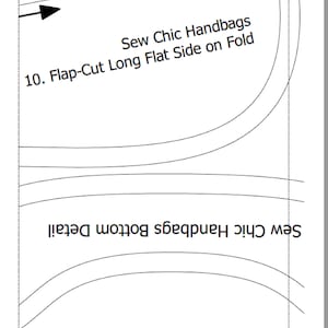 May include: A black and white line drawing of a handbag pattern with instructions for sewing a flap-cut long flat side on fold. The text "Sew Chic Handbags" and "Sew Chic Handbags Bottom Detail" are included in the image.