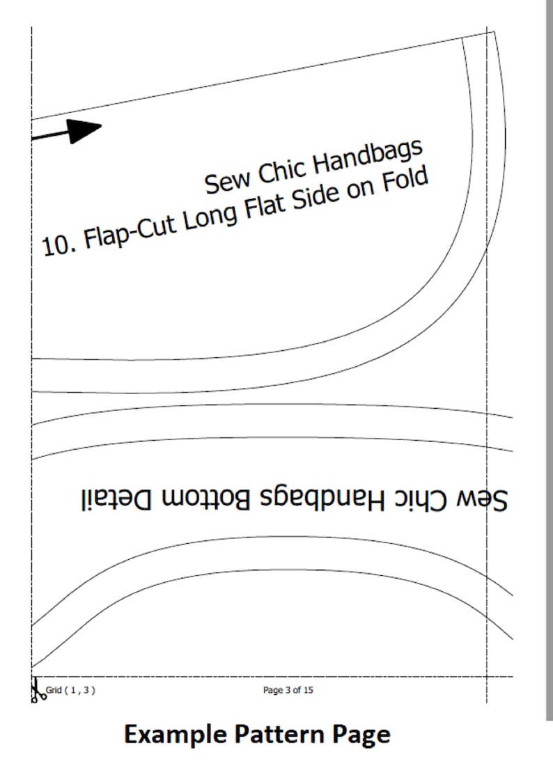 May include: A black and white line drawing of a handbag pattern with instructions for sewing a flap-cut long flat side on fold. The text "Sew Chic Handbags" and "Sew Chic Handbags Bottom Detail" are included in the image.