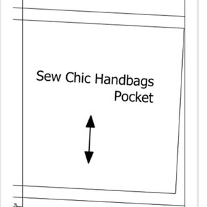 May include: A black and white line drawing of a pocket pattern for a handbag. The pattern is labeled "Sew Chic Handbags Pocket" and includes instructions to "Tape, Cut, and Pin to Fabric".