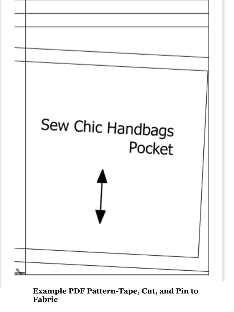 May include: A black and white line drawing of a pocket pattern for a handbag. The pattern is labeled "Sew Chic Handbags Pocket" and includes instructions to "Tape, Cut, and Pin to Fabric".