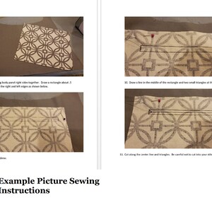May include: Sewing instructions with images showing how to sew a pocket onto a fabric panel. The fabric has a geometric pattern in shades of brown and white. The instructions include text that says "Pin your pocket piece to your lining body panel right sides together. Draw a rectangle about 3 inches high and about 1 inch from the right and left edges as shown below." and "Draw a line in the middle of the rectangle and two small triangles at the ends, as shown below."