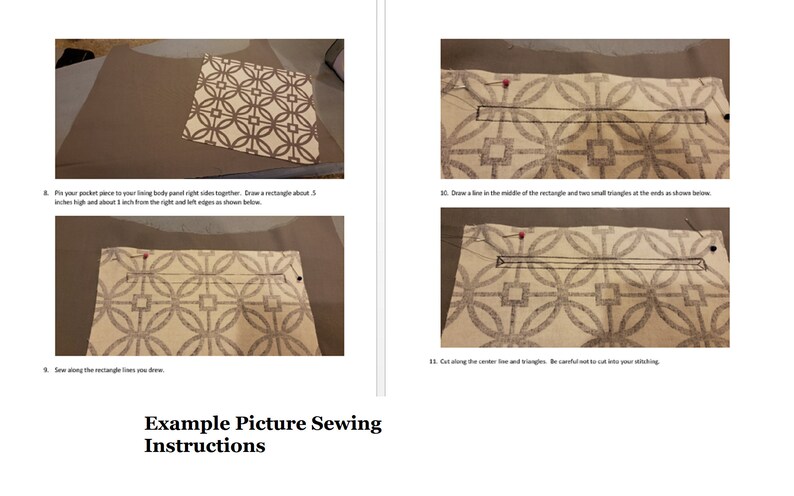 May include: Sewing instructions with images showing how to sew a pocket onto a fabric panel. The fabric has a geometric pattern in shades of brown and white. The instructions include text that says "Pin your pocket piece to your lining body panel right sides together. Draw a rectangle about 3 inches high and about 1 inch from the right and left edges as shown below." and "Draw a line in the middle of the rectangle and two small triangles at the ends, as shown below."