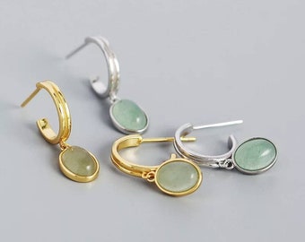 925 sterling silver earrings - gold plated - vermeil gold - butterfly clasp - lithotherapy - natural green aventurine stone -HESTIÂ