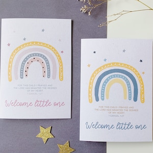 Cartolina Arcobaleni e stelle appena nati con versetto della Bibbia, Carta del bambino delle Scritture, Carta del bambino o della bambina, Benvenuti nel mondo, 1 Samuele 1:27