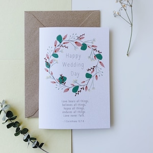 Grado B / Biglietto di nozze, Felice giorno del matrimonio, Biglietto di ghirlanda con cornice floreale, Carta cristiana, Carta religiosa, Carta di fede, Scrittura per un matrimonio