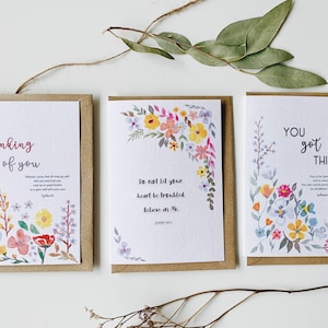 Conjunto de cartões de encorajamento de versículos bíblicos | Arte em aquarela de flores, cartões de escrituras | Pacote de 3 cartas | motivação flor quadro guirlanda aquarela arte