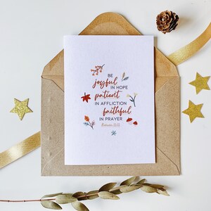 Soyez joyeux dans l’espérance, patient dans l’affliction, fidèle dans la prière. Feuilles d’automne Religieux Chrétien Catholique, Versets bibliques Modèles de cartes de foi