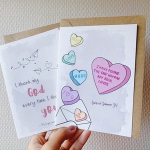 Tarjeta cristiana establecida para el aniversario del día de San Valentín, aviones de papel, tarjetas de las Escrituras / Doy gracias a mi Dios / Corazón de caramelo tarjeta de amor