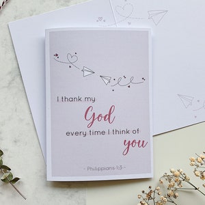Christelijke kaart voor de verjaardag van De Dag van Valentijnskaarten, De vliegtuigen van het document, Scripture | Ik dank mijn God elke keer als ik aan u denk - Filippenzen 1:3