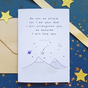 Carta cristiana della galassia della creazione di Dio, carta fede religiosa, pianeti e stelle dell'universo di Dio scrittura, carta cattolica isaia 41:10