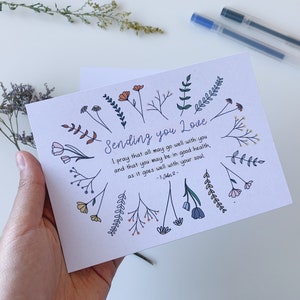 Senden Sie Liebe Postkarte, religiöse Karte, Bibel-Vers, Glaubenskarte, Schrift-Karte, von Hand gezeichnet Blumen Rahmen | Blume Rahmen Bibel Vers