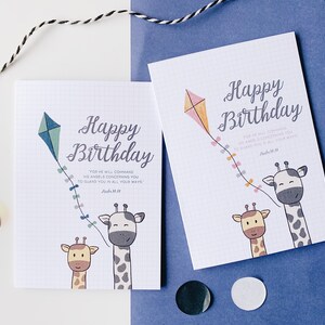 Escritura Cristiana tarjeta de cumpleaños niños, Feliz cumpleaños Salmo 91:11 / Jirafa con cometa, Tarjeta de bebé cristiana, Tarjeta de bebé o niña, Bienvenido
