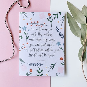 Schrift aanmoediging felicitaties kaart, religieuze kaart, bijbelvers, geloofskaart, hand getekende bloemen kunst Psalm 91:4