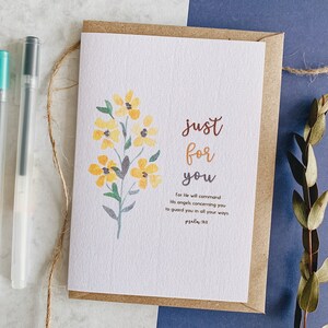 Escritura "Sólo para ti" flor de acuarela, religiosa, tarjeta de fe versículo bíblico, porque él mandará a sus ángeles concernientes a ti Salmos 91:11