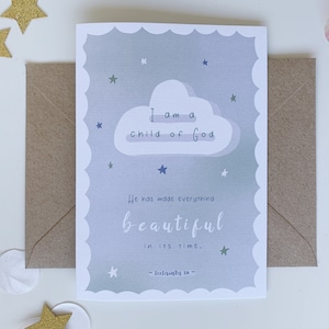 Tarjeta cristiana del recién nacido, tarjeta del bebé cristiano, bebé o niña tarjeta religiosa, soy un niño de Dios, una nube con estrellas / tarjeta de la amistad