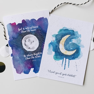 Postkarte Set | Galaxy Aquarell Postkarte mit Bibel-Vers, religiösen Glauben Karte, Schrift Karte, von Hand gezeichnet E-Kunst | Space Stars Moon