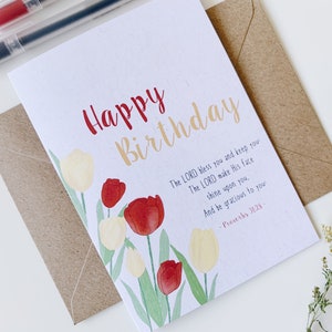B Grado / Tarjeta de cumpleaños cristiana, Tarjeta religiosa, versículo bíblico, tarjeta de fe, tarjeta de escritura, tulipanes dibujados a mano / Feliz cumpleaños con flores