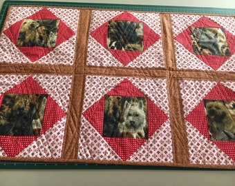 Dog quilt, machine washable, terriers on red
