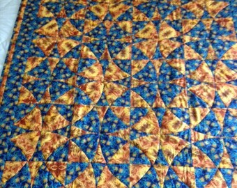 Handmade Patchwork Quilt - Golden blue circles