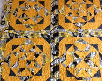 Handmade Patchwork Quilt - bright yellow & black