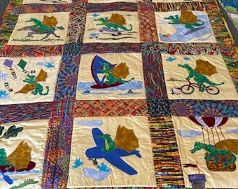 Handmade patchwork quilt featuring dragon sports