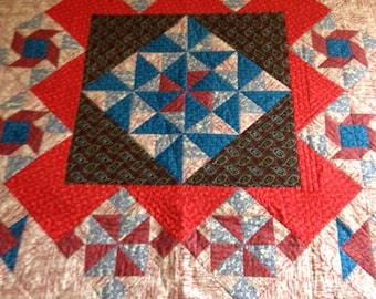 Handmade patchwork quilt - Black & blue with red