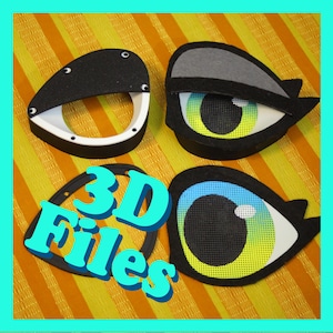 Puede incluir: Cuatro componentes distintos en forma de ojo con marcos negros e inserciones de iris de colores. Dos piezas muestran iris con degradado verde y azul con texturas de malla, mientras que otras dos muestran marcos negros con detalles blancos. El texto 3D Files está superpuesto.