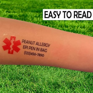 Medical Alert Temporary Tattoo, Peanut allergy, Emergency Contact,  Safety tattoo, Epi pen in bag, food allergies, summer camp allergy alert