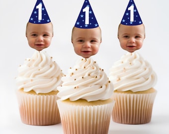 Décorations de visage de petit gâteau personnalisées avec chapeau de fête, décorations de chapeau de fête, décoration de petit gâteau photo, premier anniversaire, 16, 21, 30, 50e