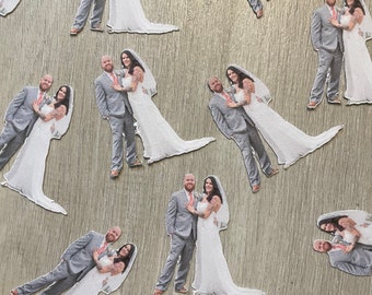 May include: A set of wedding favor stickers featuring a couple in formal attire. The stickers are printed on white paper and feature a variety of poses of the couple.